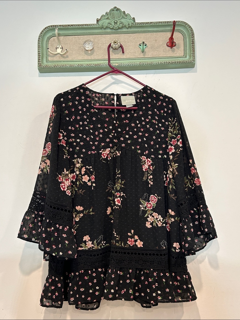 Maeve Anthropologie Steffy Black Floral Tiered Peasant Blouse bell sleeve large